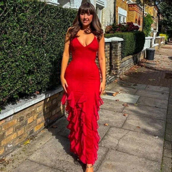chinese dress ladies Anley Embellished Halter Neck Ruffle Maxi Dress in Red